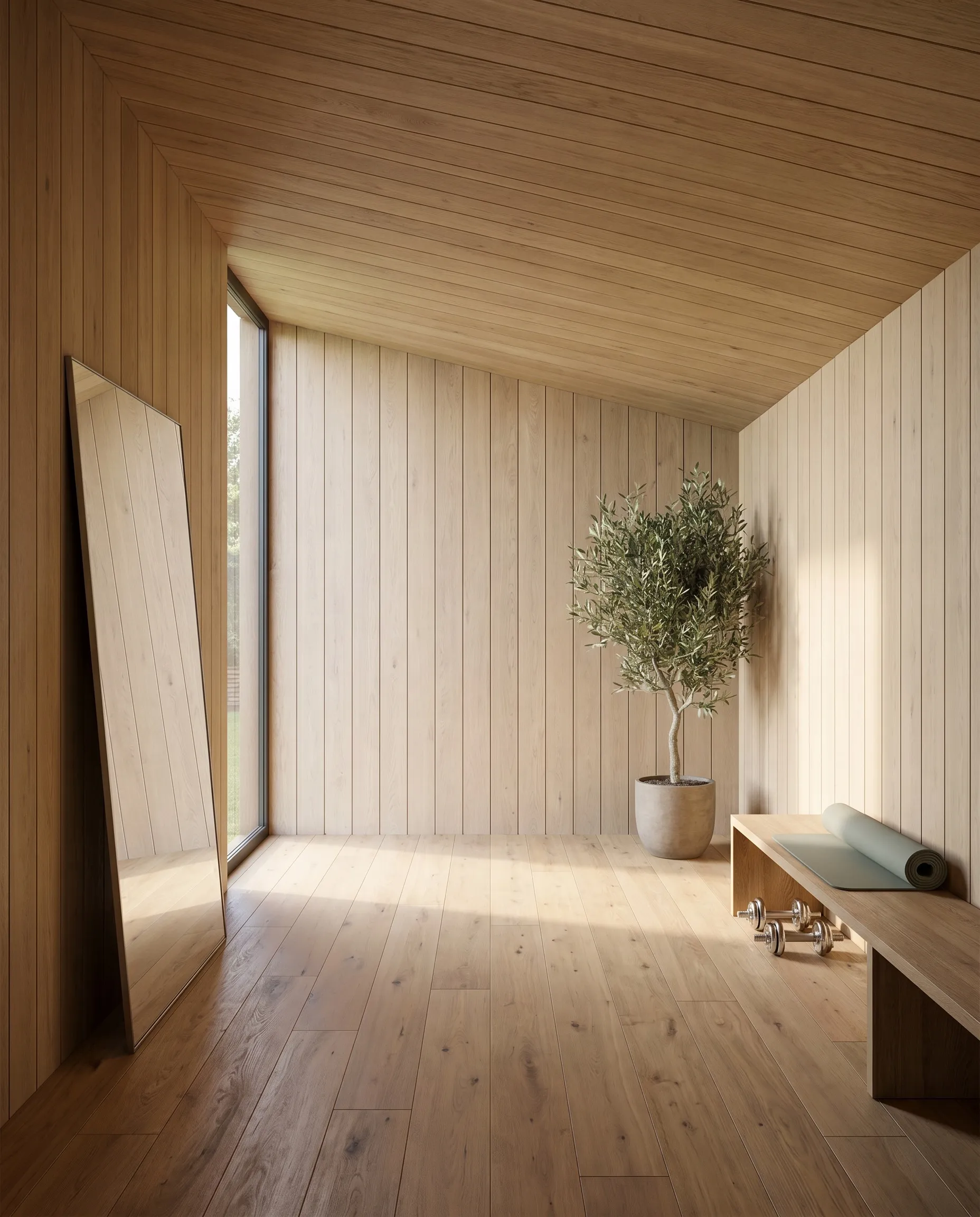 A compact recovery studio interior with rack and mirror wall