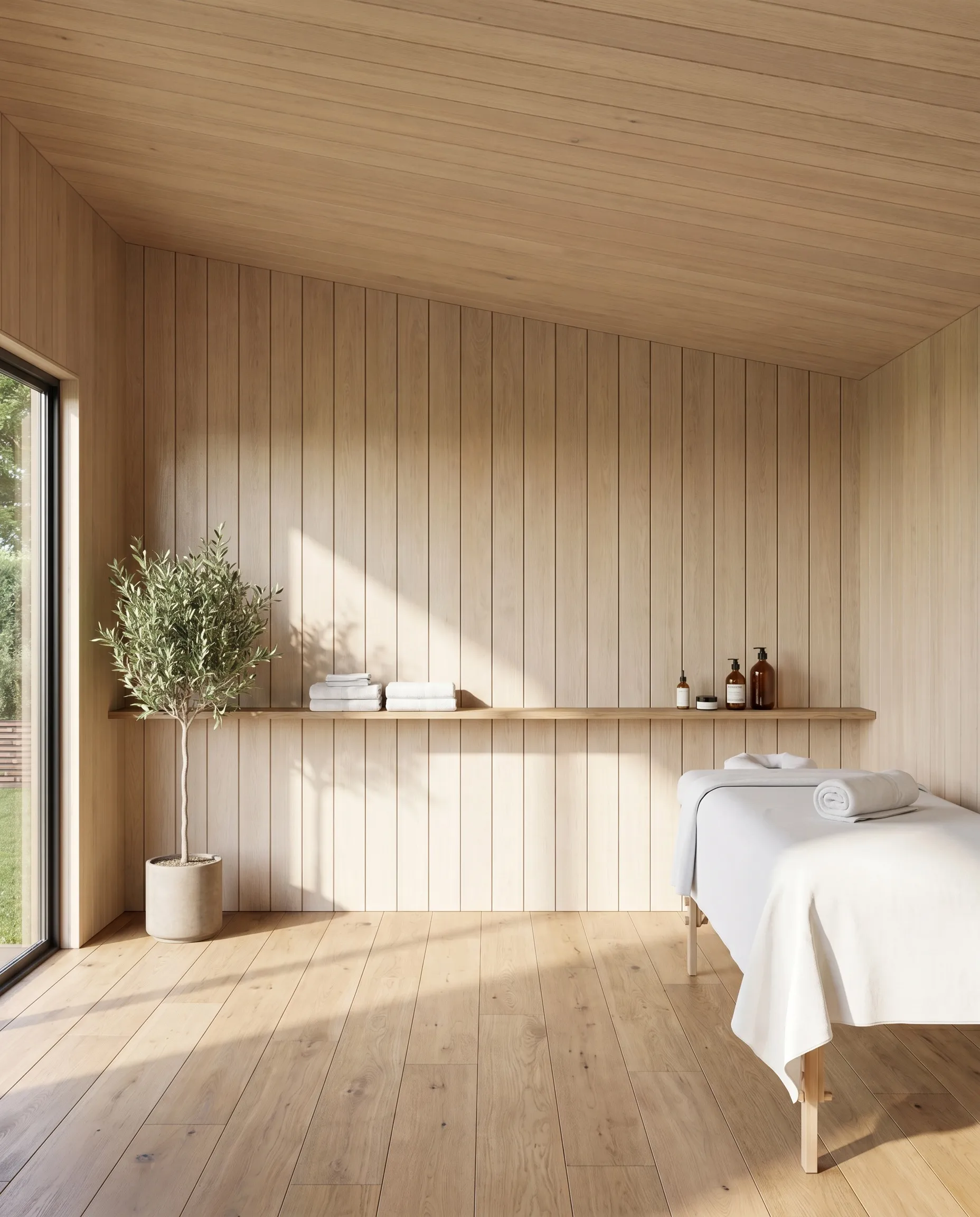 The NOOK 10 fitted as a treatment room — massage table behind full-height glazing