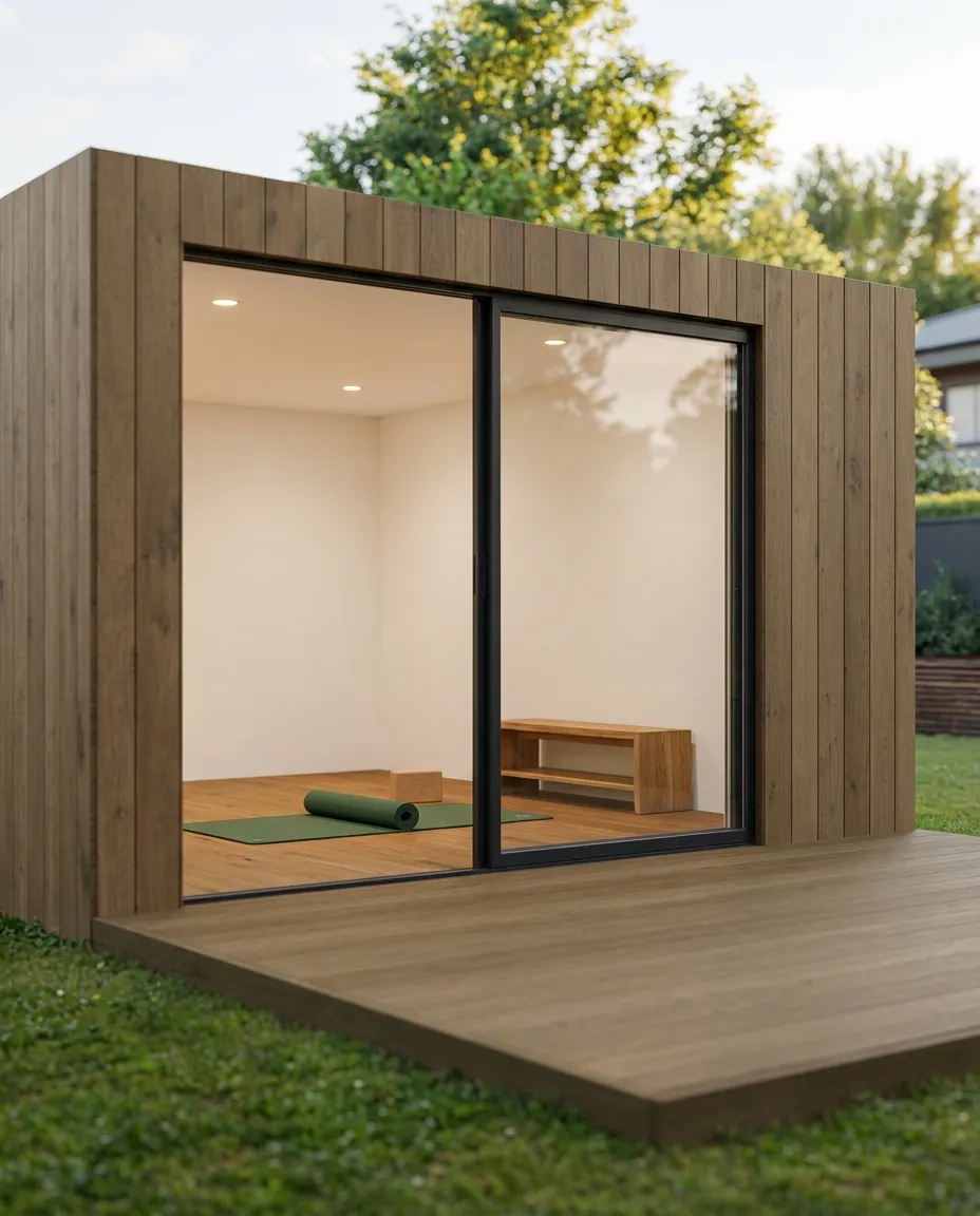 The NOOK 20 in oak fitted as a yoga studio — sprung floor, rolled mats, wide sliding glass onto the garden