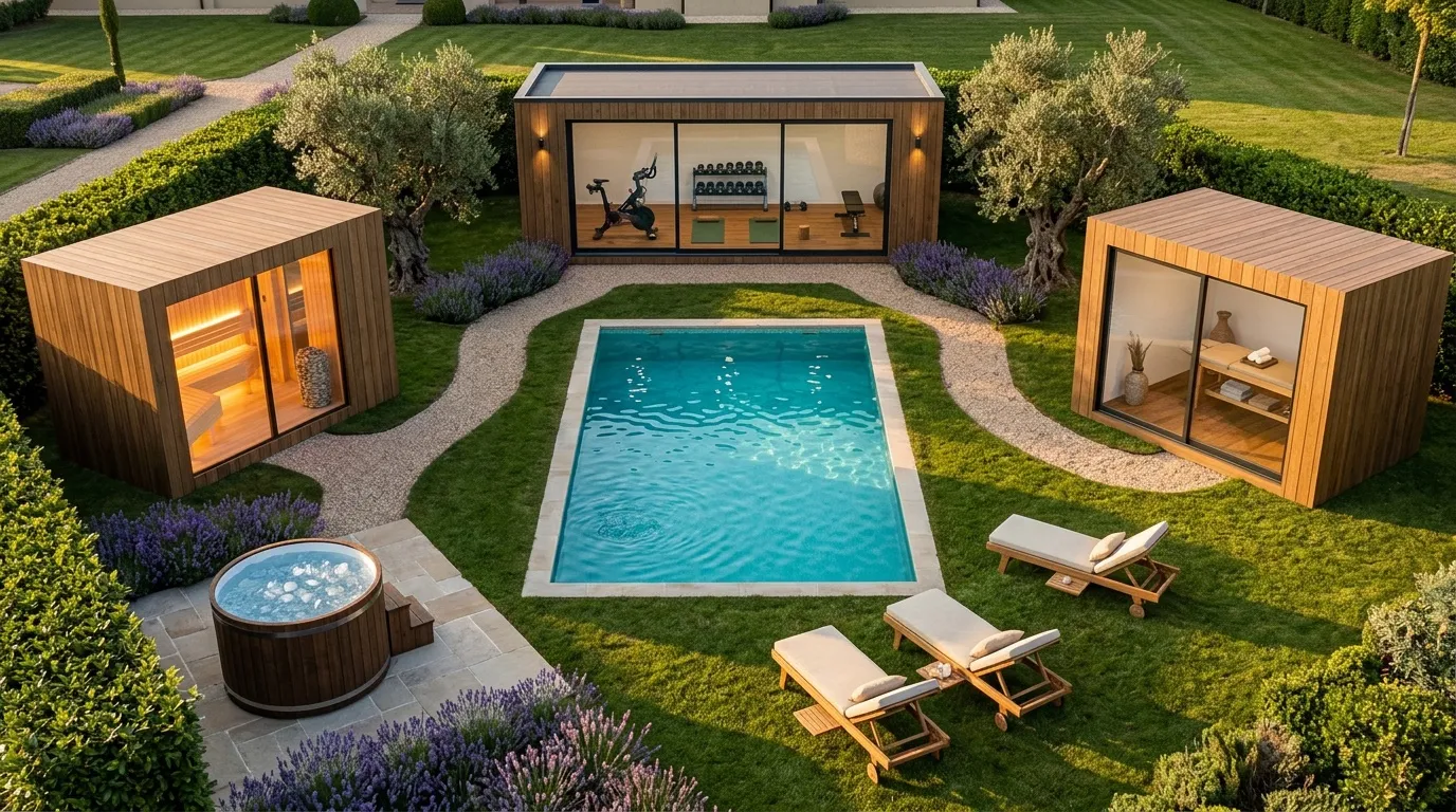 Aerial view of a composed wellness ground — cabins, pool and resting areas set in landscaping