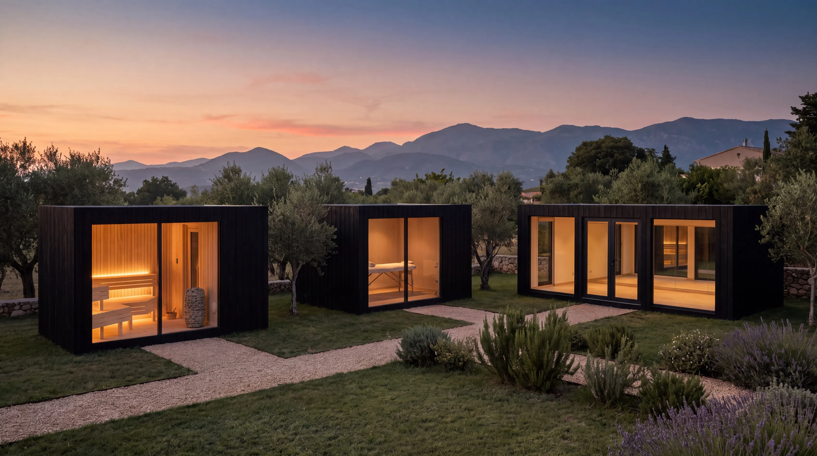 Three NOOK buildings — the sauna, a single room and a double room — one family composed in a Mediterranean garden at dusk