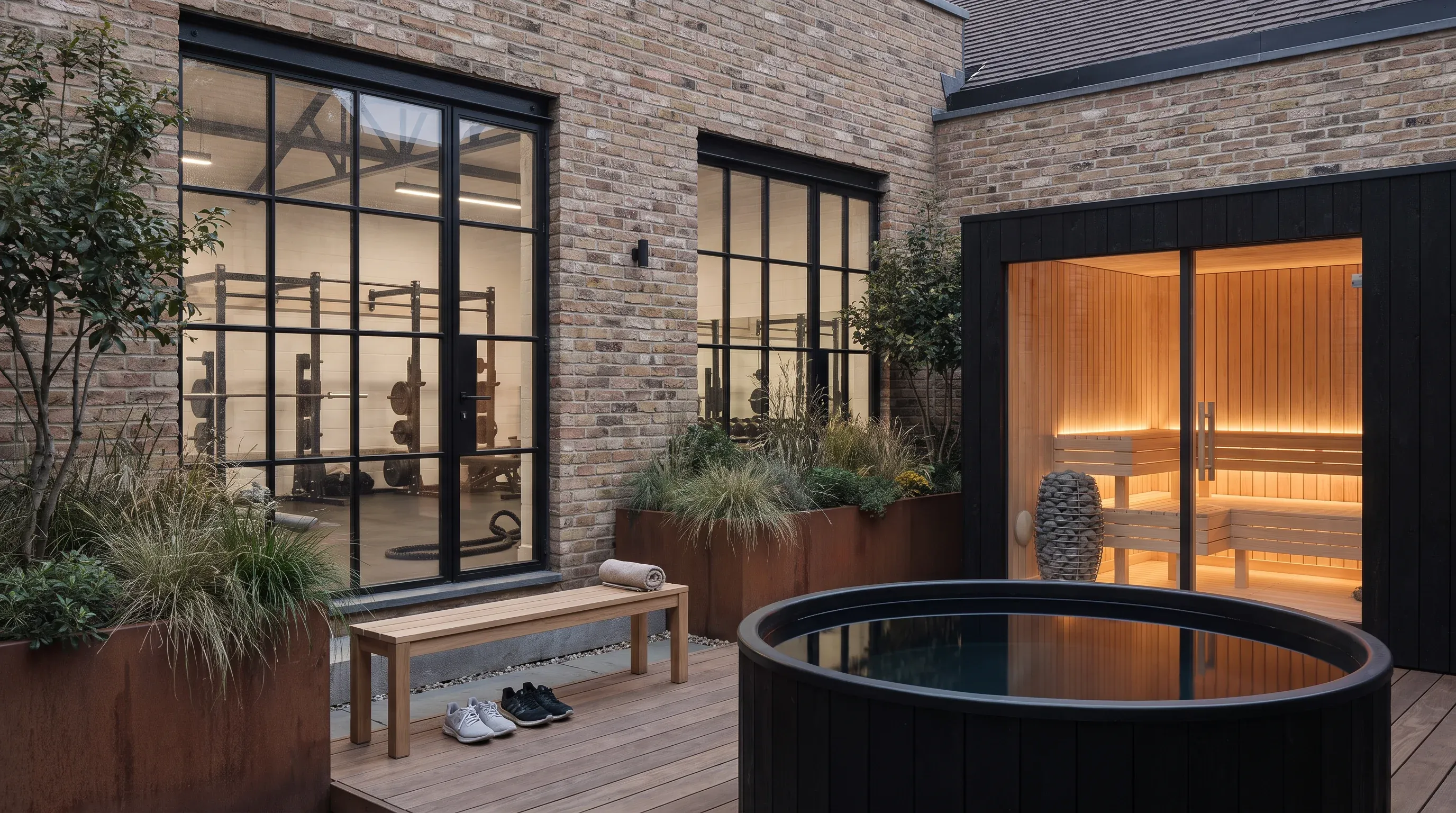 Gym yard in the morning with a sauna and recovery studio