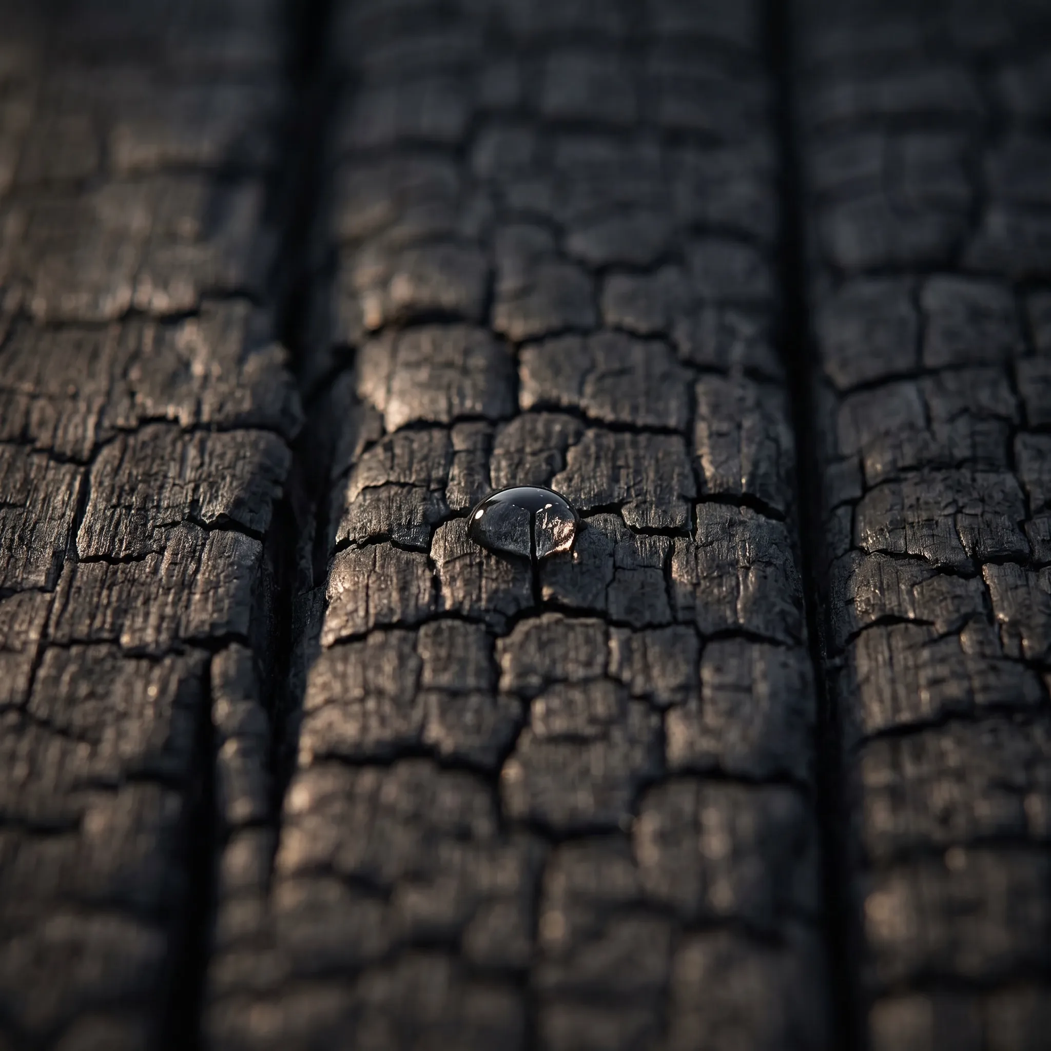 Charred thermo-treated timber grain, macro