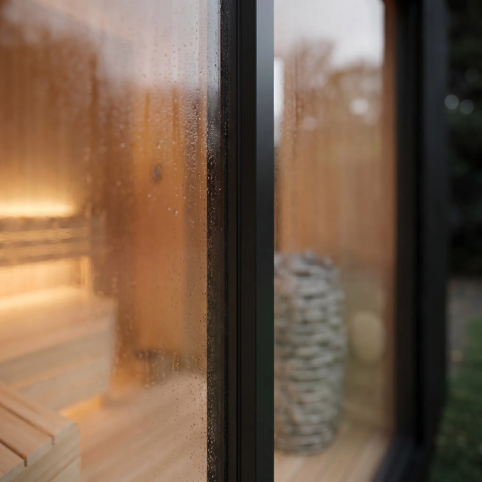 Tempered glass corner beaded with condensation