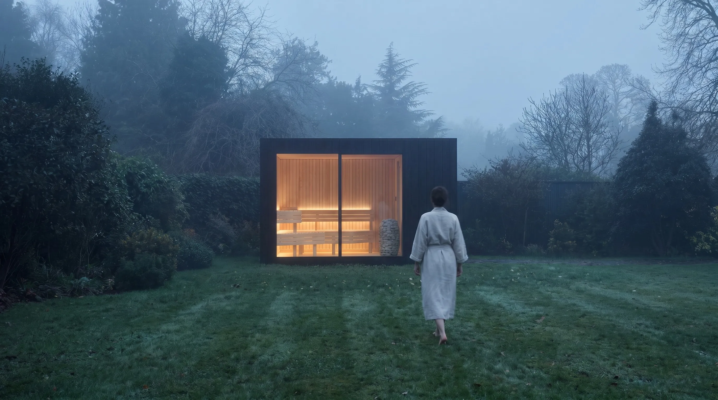 A robed guest crossing the lawn at dusk toward the glowing sauna at the foot of the garden