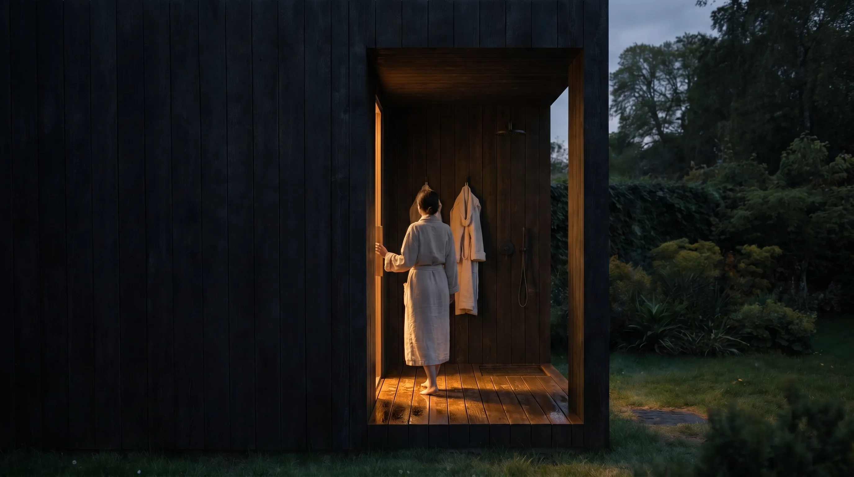 A robed guest at the sauna vestibule at dusk, warm light on wet decking