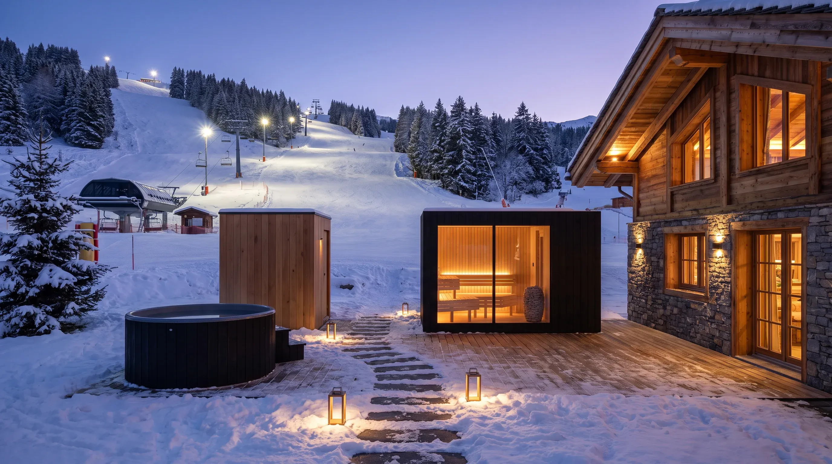 Mountain station heat circuit at dusk with snow banked around the buildings