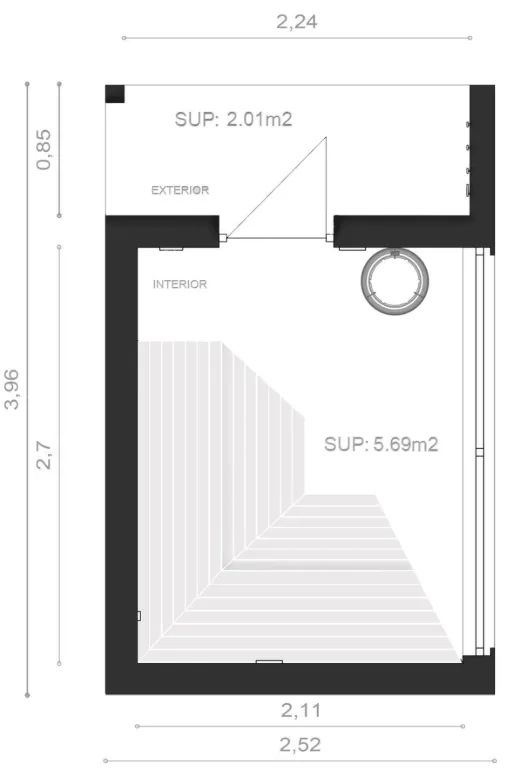 NOOK Sauna floor plan — 2.52 × 3.96 m overall; 5.69 m² sauna room and 2.01 m² entry vestibule