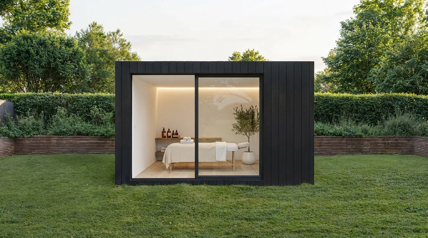 The NOOK 10 as a single treatment room — black cladding, one massage bed, full-height glazing