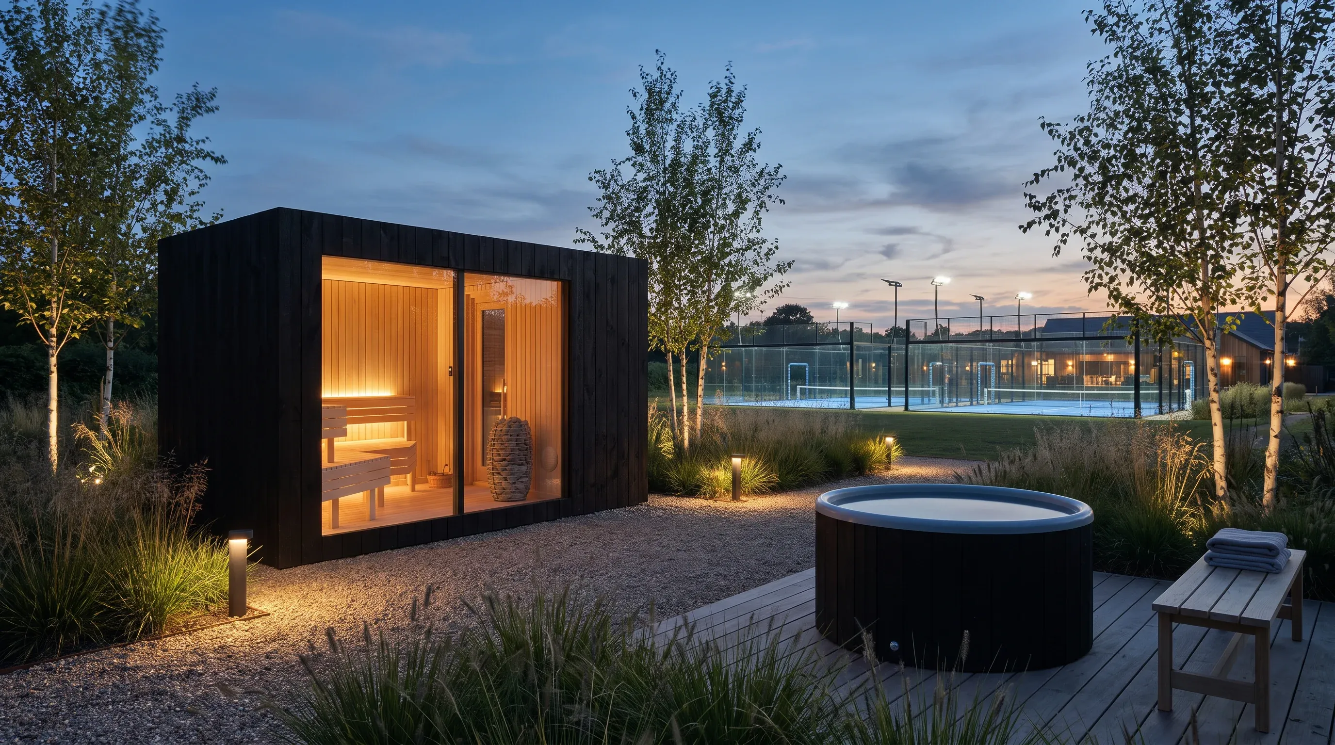 Sauna building courtside at a padel club with floodlights at dusk