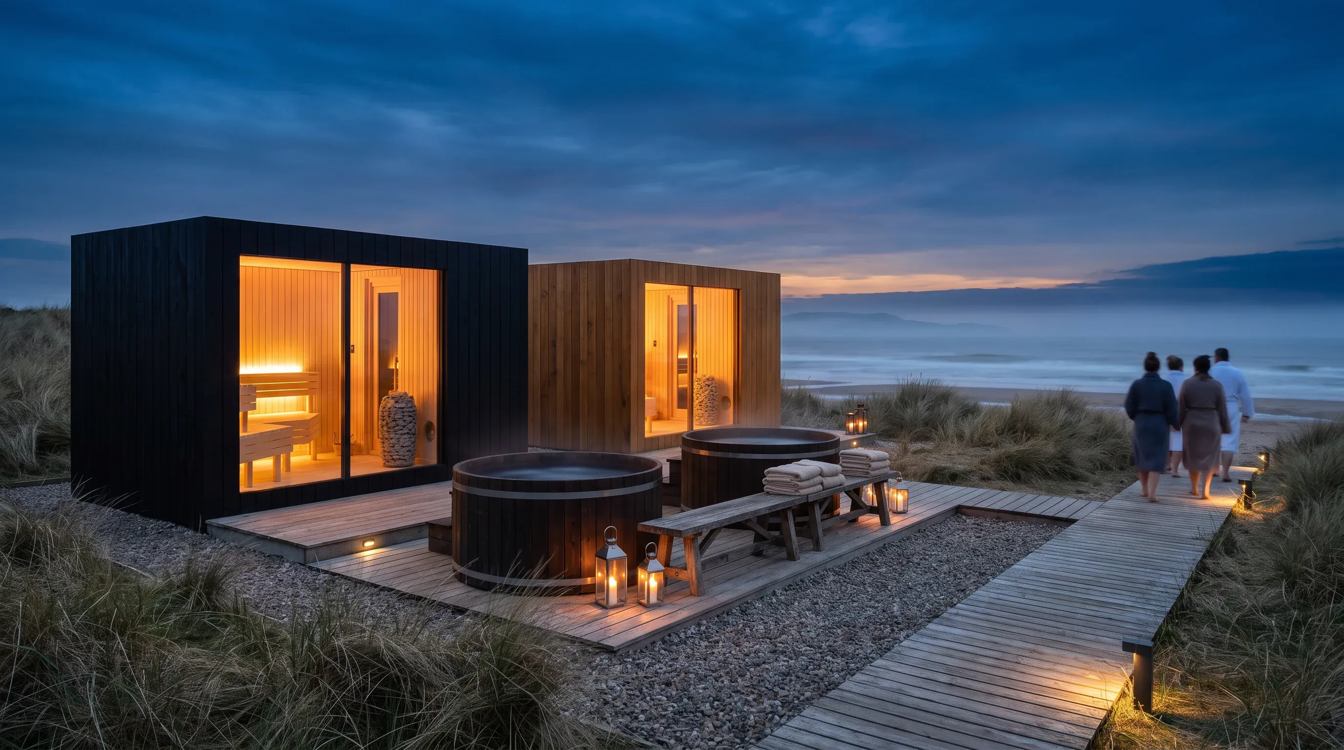 Coastal sauna club at dusk, three buildings above the water