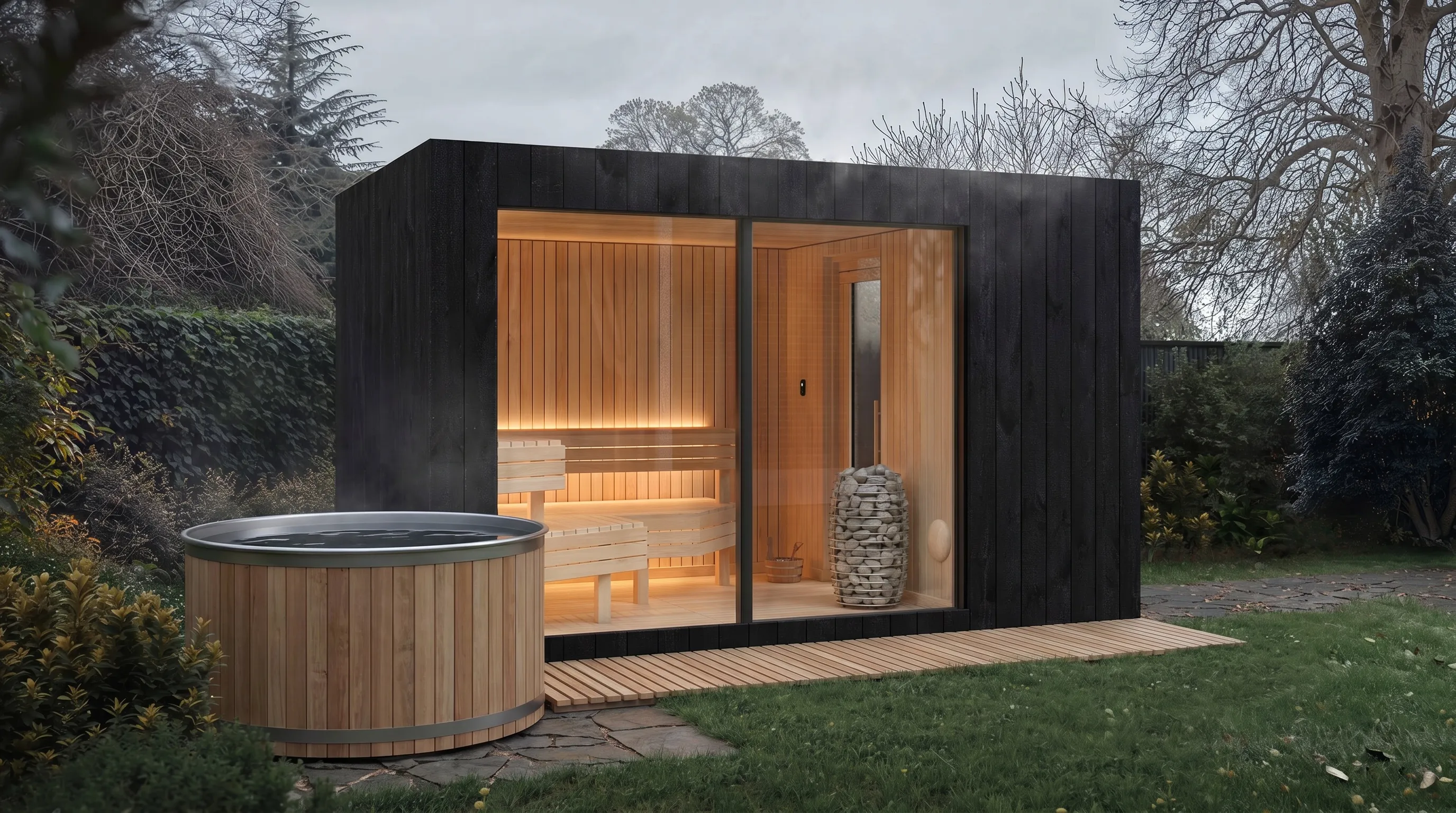 The cedar cold plunge beside the black sauna at dusk — the smallest complete contrast pairing