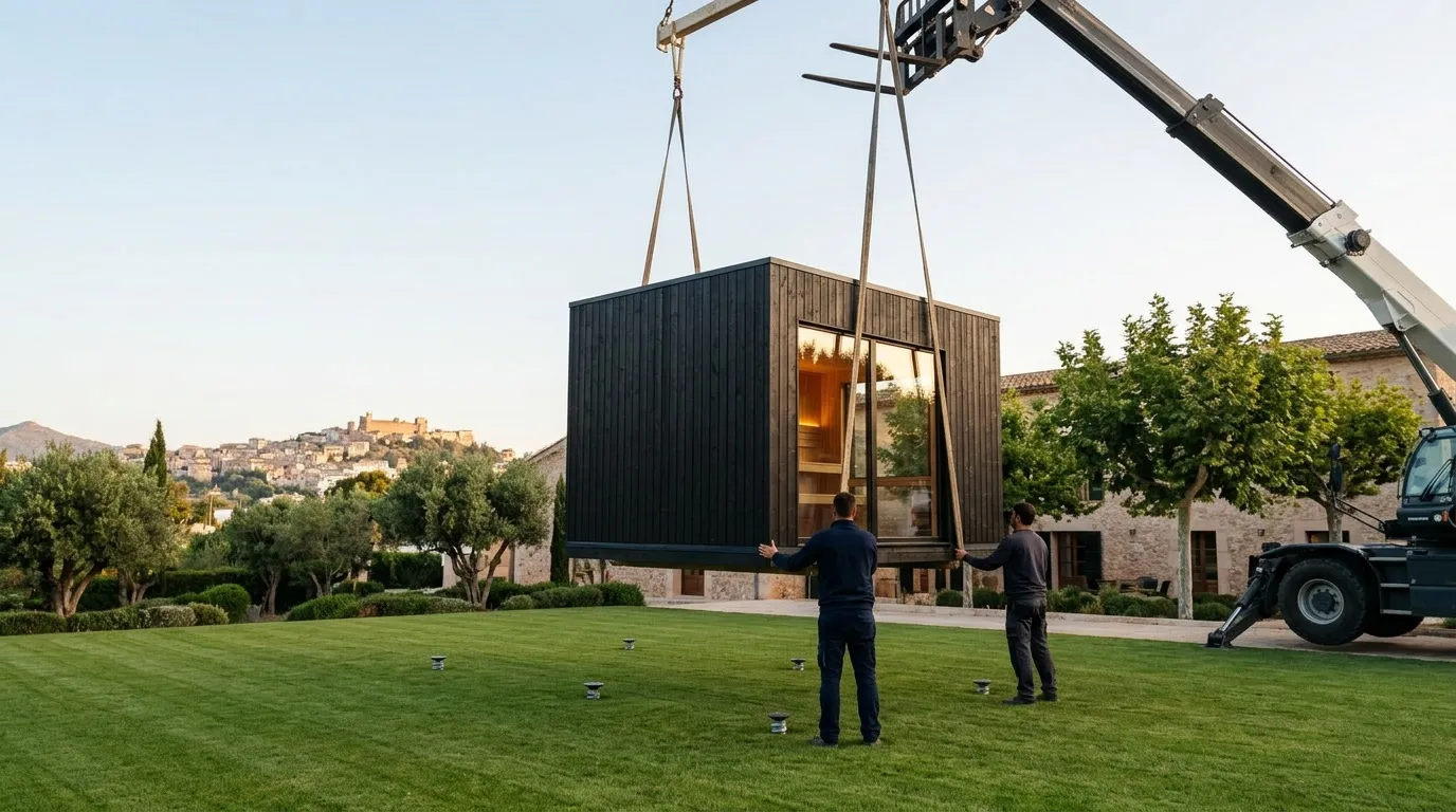 The finished cabin craned onto helical piles set in a hotel lawn — install morning