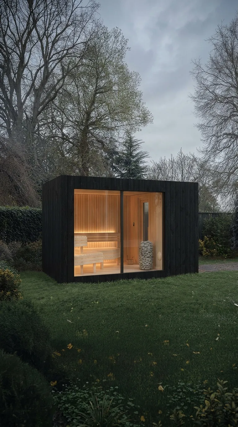 Three-quarter view of the black-finish sauna in a hedged garden at dusk