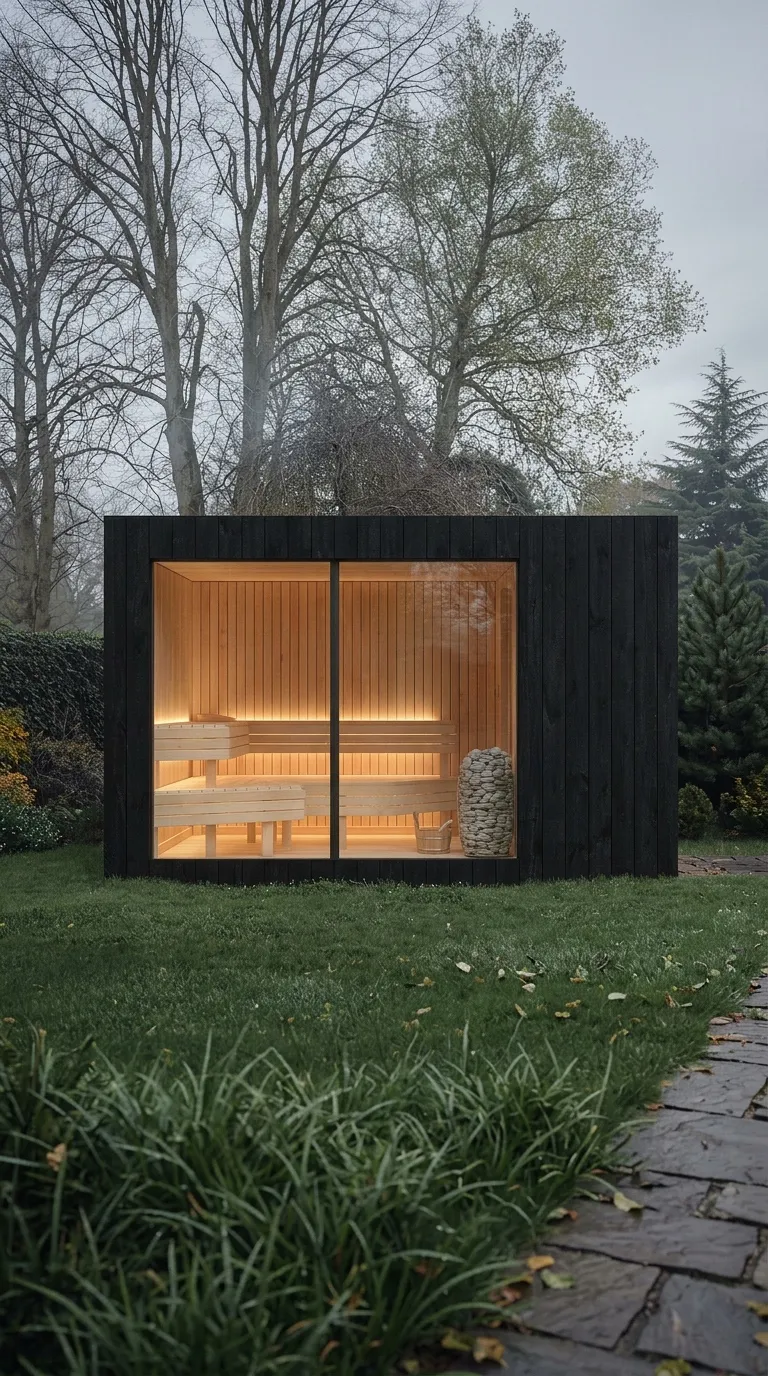 Frontal elevation view of the NOOK Outdoor Sauna — flat roof, glazed wall, black thermo-treated cladding