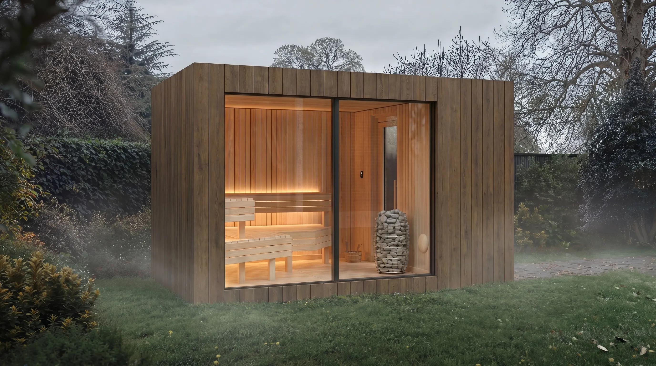 The oak-clad NOOK Sauna at dusk beside a cedar hot tub, benches lit inside