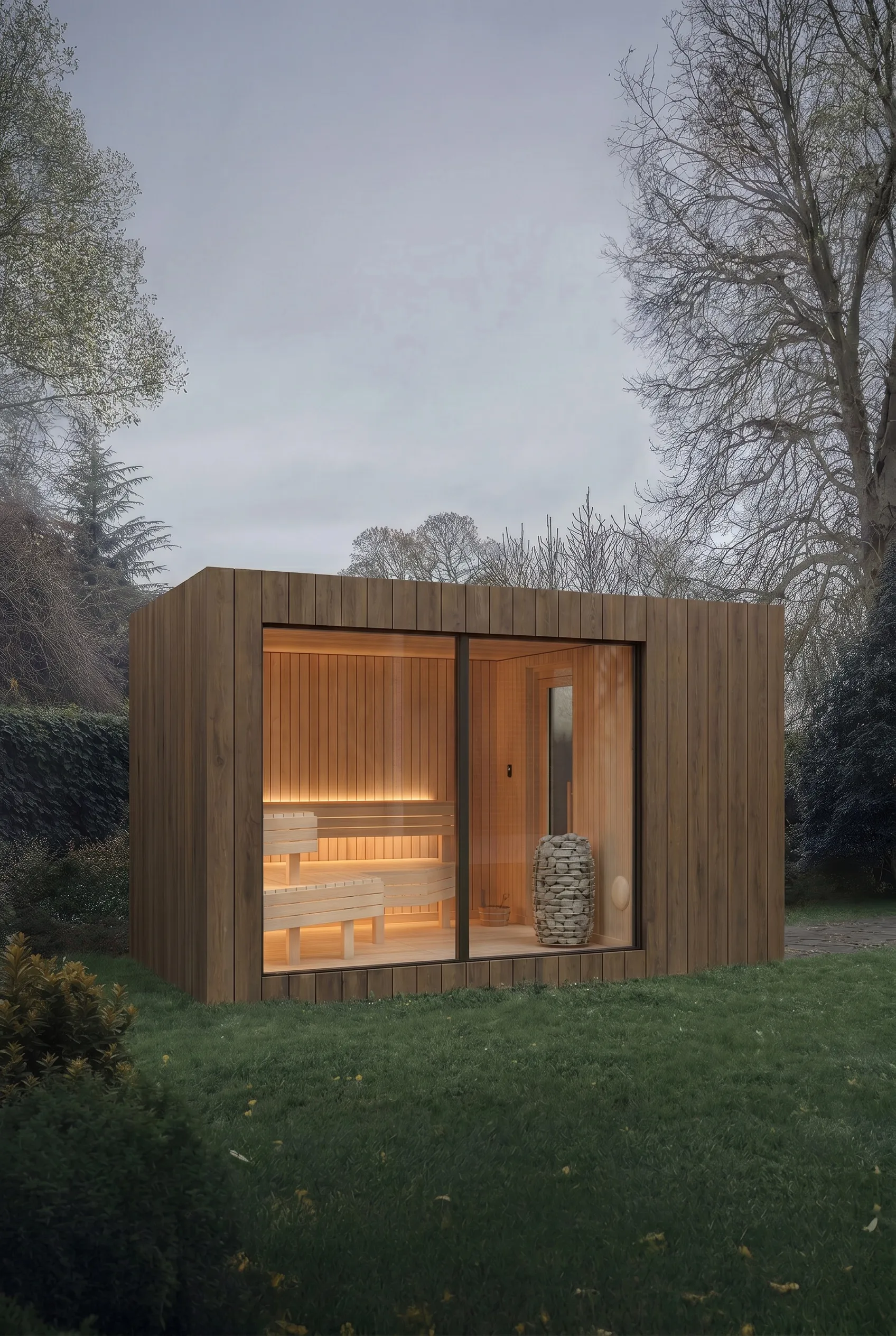 The cabin in the Oak finish — warm thermo-treated timber at dusk, interior glowing through the panoramic glass