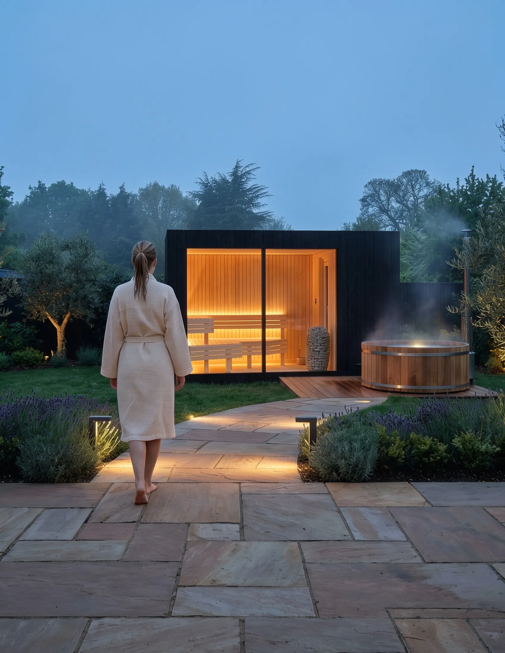A guest in a cream robe crossing the lit garden path at blue hour toward the glowing black sauna, cedar hot tub steaming beside it