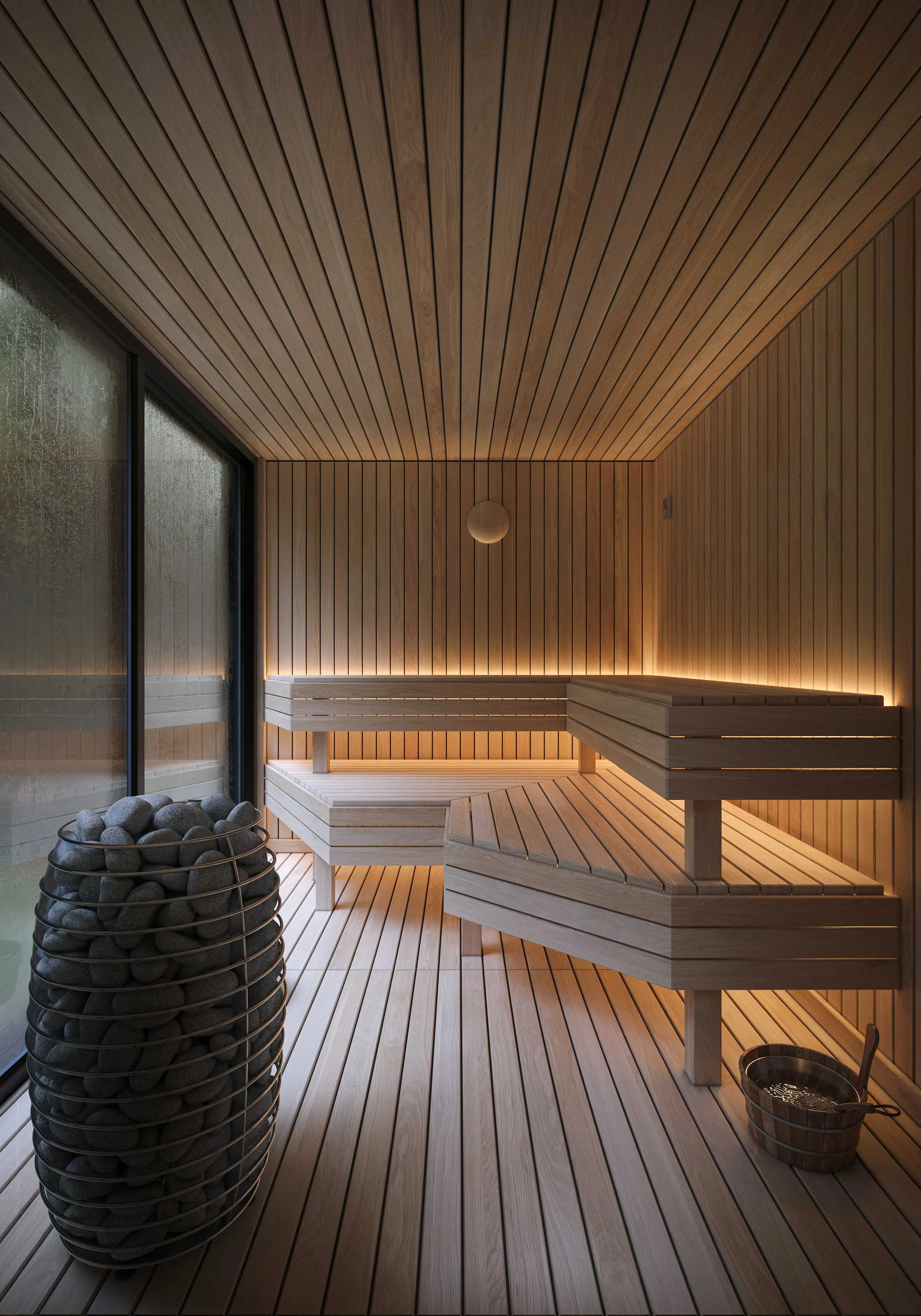 Hemlock interior with lit benches, delivered complete