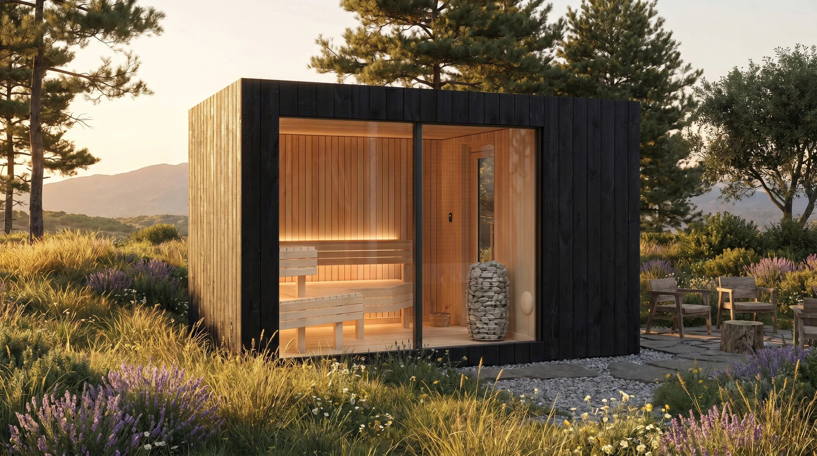 A black thermo-treated NOOK sauna glowing at dusk in a wildflower meadow, mountains behind