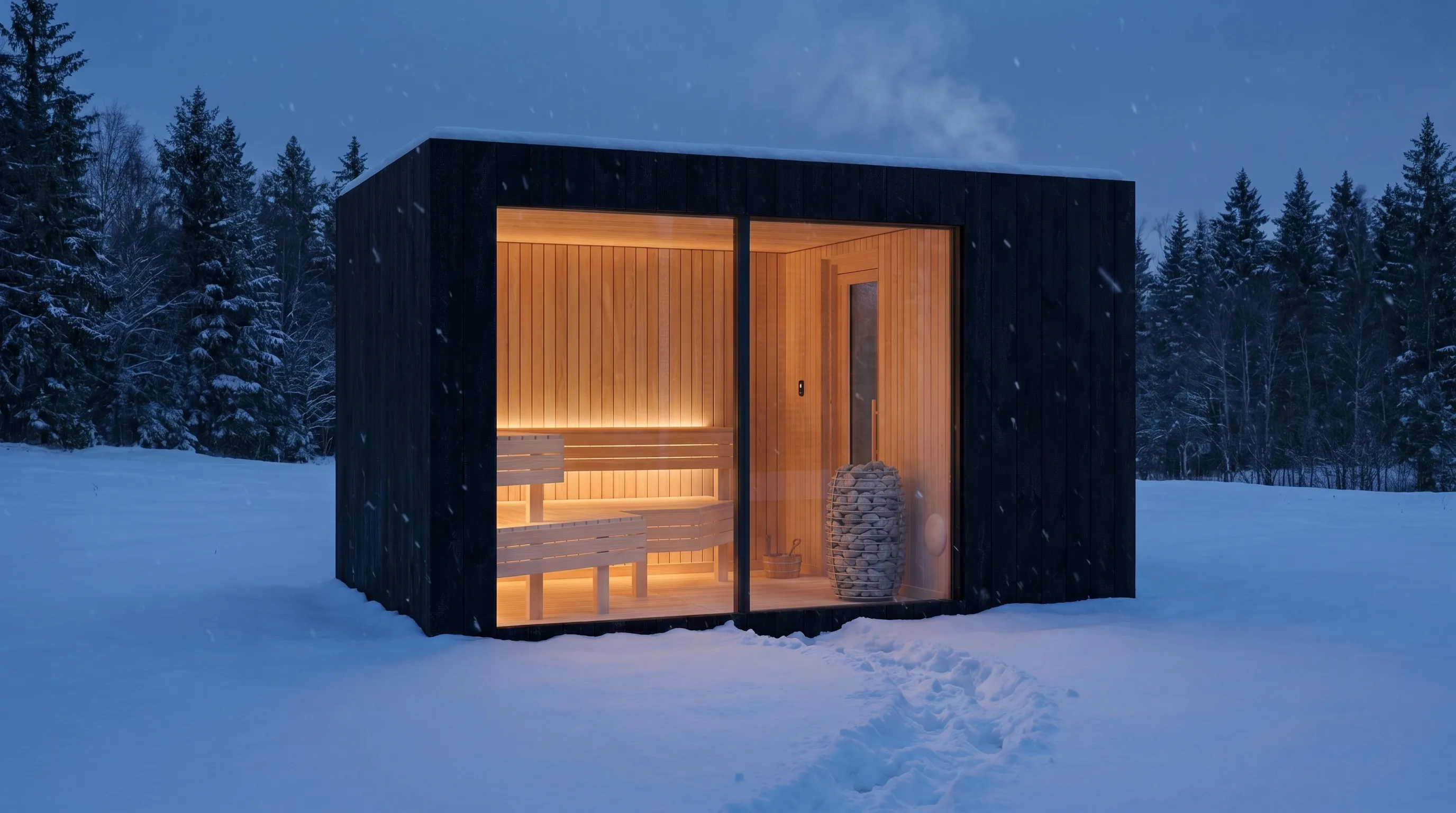 The sauna steaming in falling snow at dusk