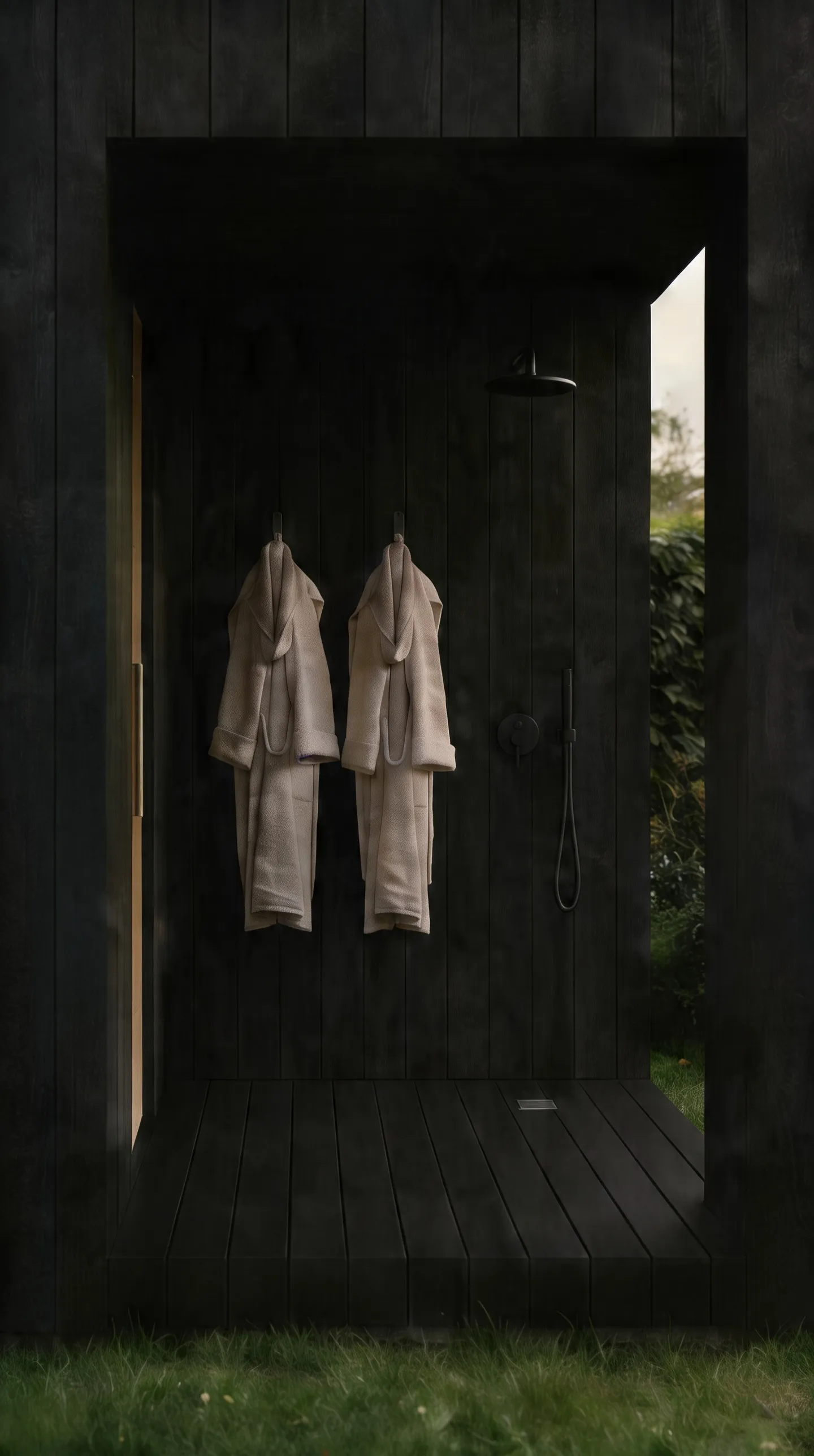 Detail of the outdoor vestibule — robe on its hook, rain-shower fitting, slatted timber floor with the linear drain