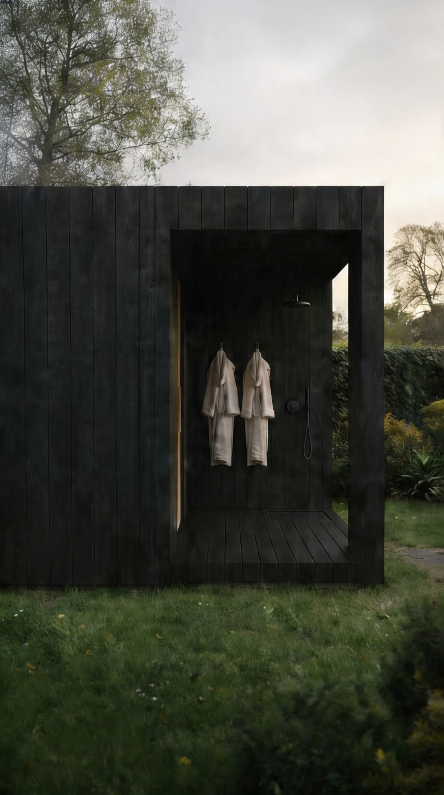 The recessed outdoor shower vestibule of a black NOOK building, robes on hooks