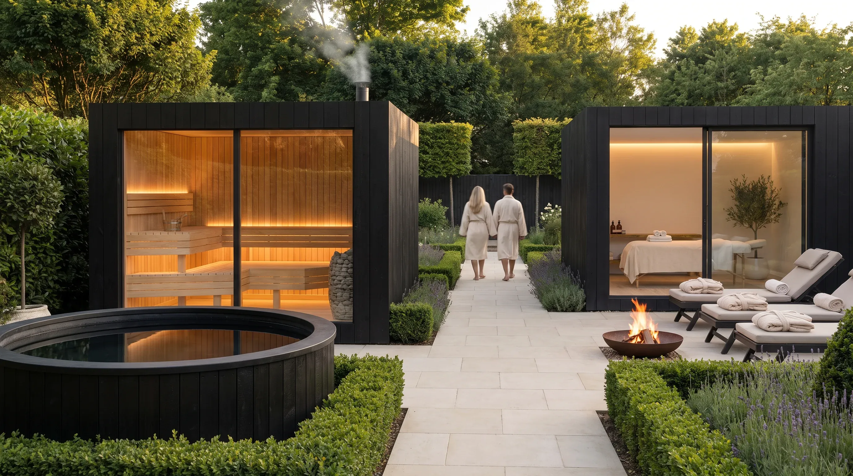 Spa garden in the evening with planting around the sauna